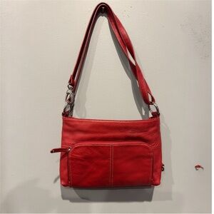 Tignanello Red Leather Shoulder Bag with Front Zip Pocket